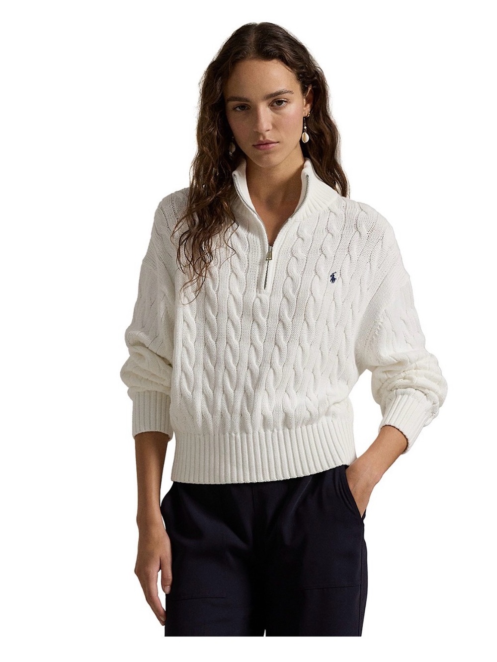 Ralph Lauren White Cable-Knit Half-Zip Turtleneck Sweater